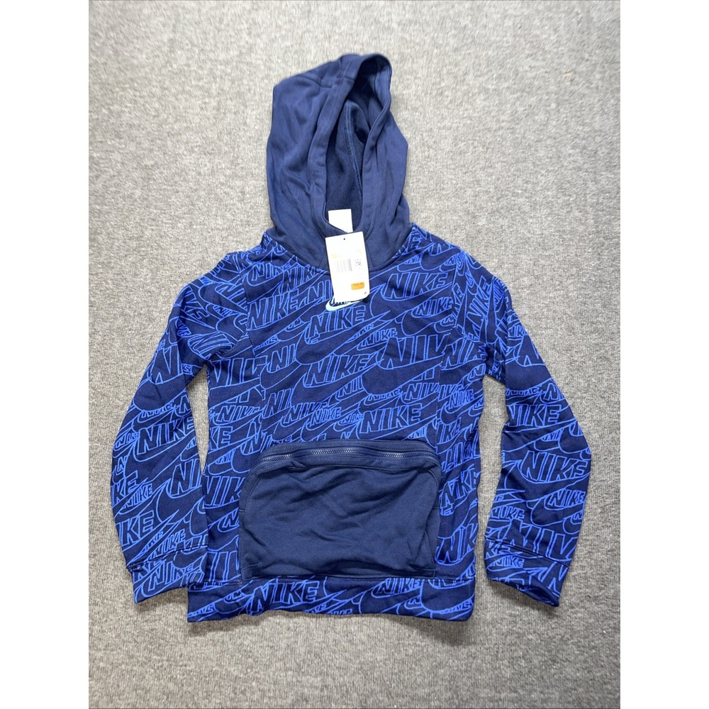 Nike Blue All Over Print Logo Hoodie Youth Sweatshirt Zip Pouch Pocket Small